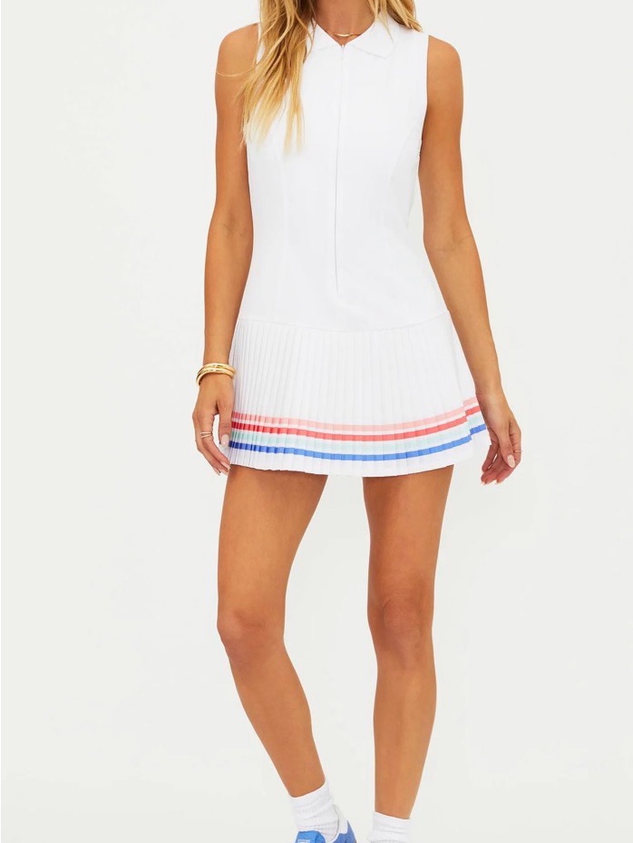 Beach Riot White Sleeveless Pleated Tennis Dress With Pink And Blue Stripe Hem
